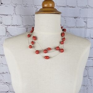 Multi Strand Illusion Wire Coral Bead Goldtone Floating Necklace Adjustable